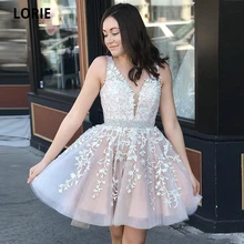 

LORIE Short Homecoming Dresses 2020 A Line V Neck Appliqued Lace Crystal Beaded Sash Cocktail Dress Mini Prom Gowns Plus Size