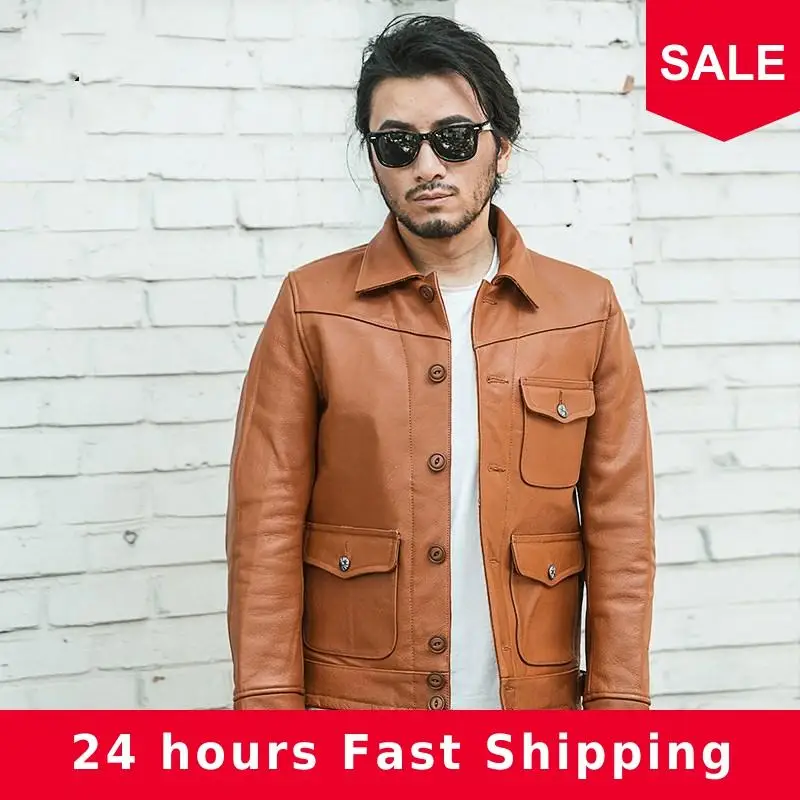 

2020 Brown Men American Casual Style Leather Jacket Plus Size XXXL Genuine Cowhide Autumn Short Fashion Natural Leather Coat