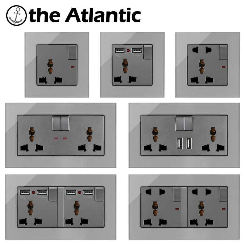 13A Universal Power Socket With USB 2 3 Pin 5 Hole Wall Outlet Double Socket Gray Glass EU FR