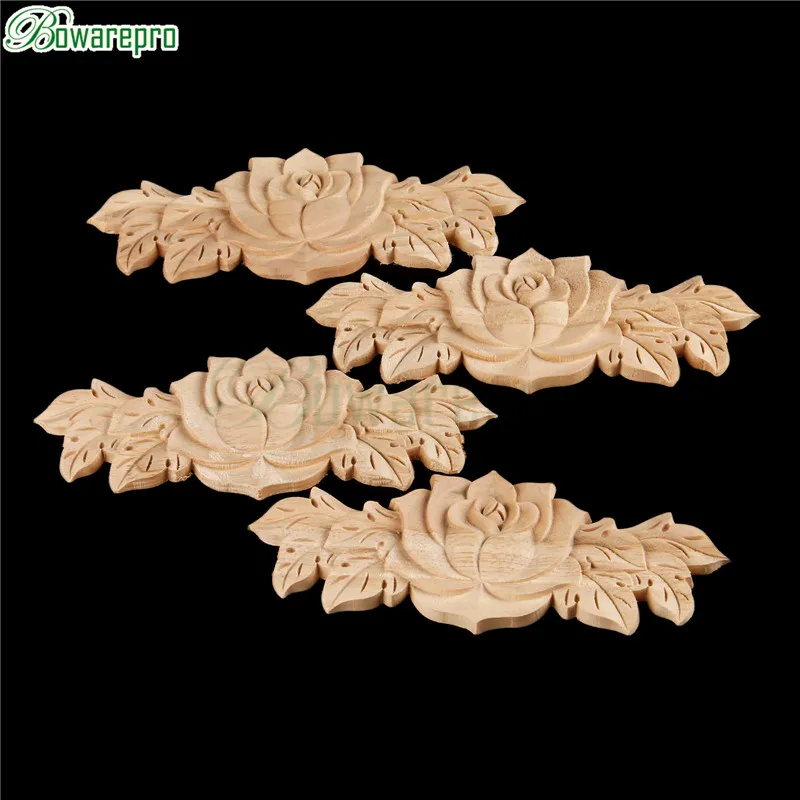 bowarepro 4pcs Solid Wood Rose Floral Wood Carved Decal Angle Wall Doors Furniture Decorative Wooden Figurines Crfts 20*8/23*9cm