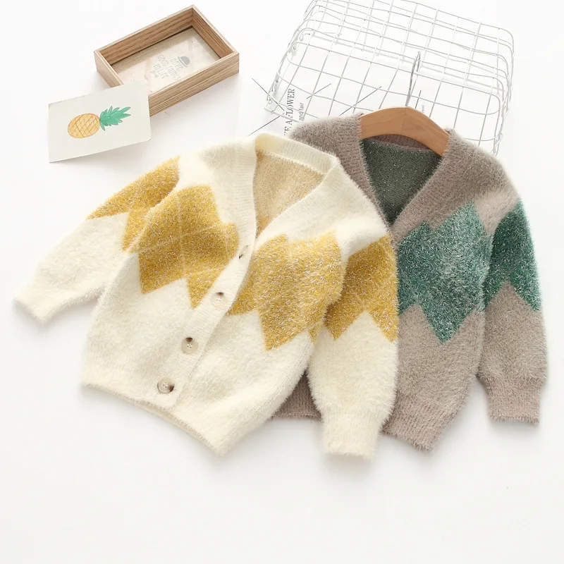 

72702 Korean-style Button down Knitted Child Cardigan 19 Autumn Baby Rhombus Pattern Sweater Coat Childrenswear