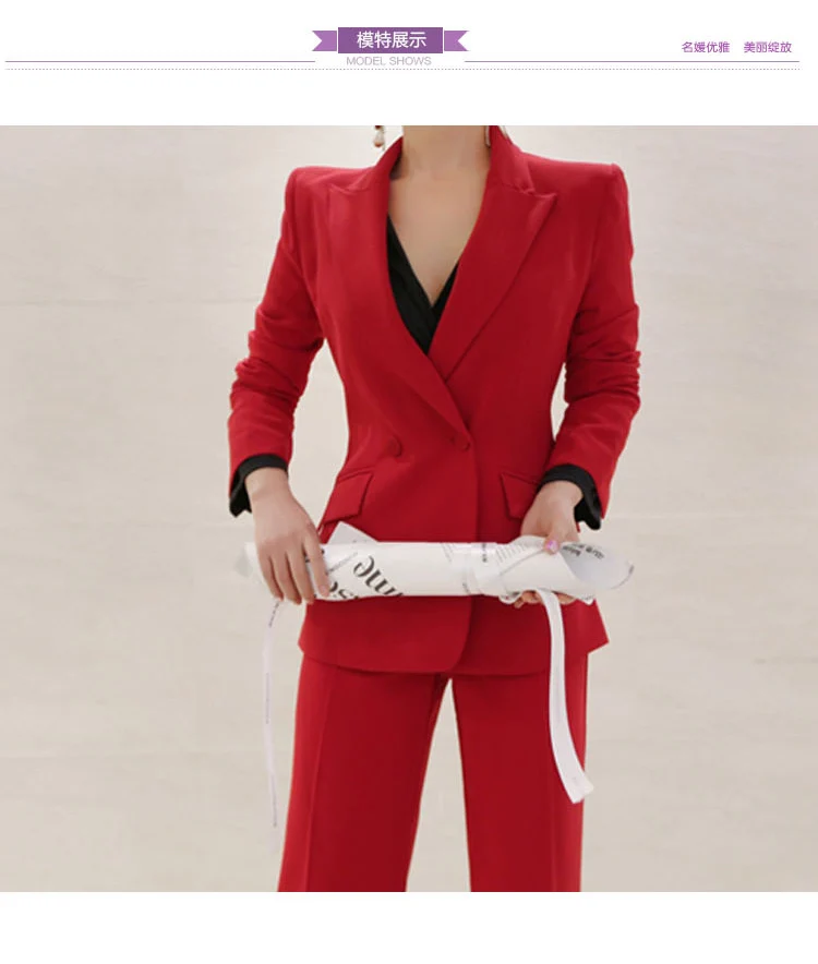 Деловая форма, женские брючные костюмы, комплект из 2 предметов, Красный Тонкий Блейзер, пиджак, офисный, Деловой, офисный, Рабочий костюм