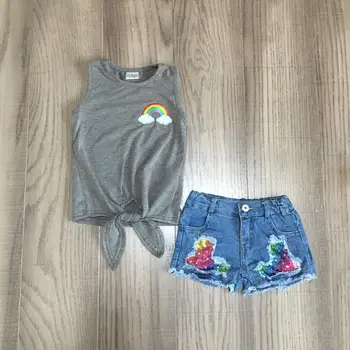 

baby girls clothes girl summer outfits sequin jeans shorts with rainbow top