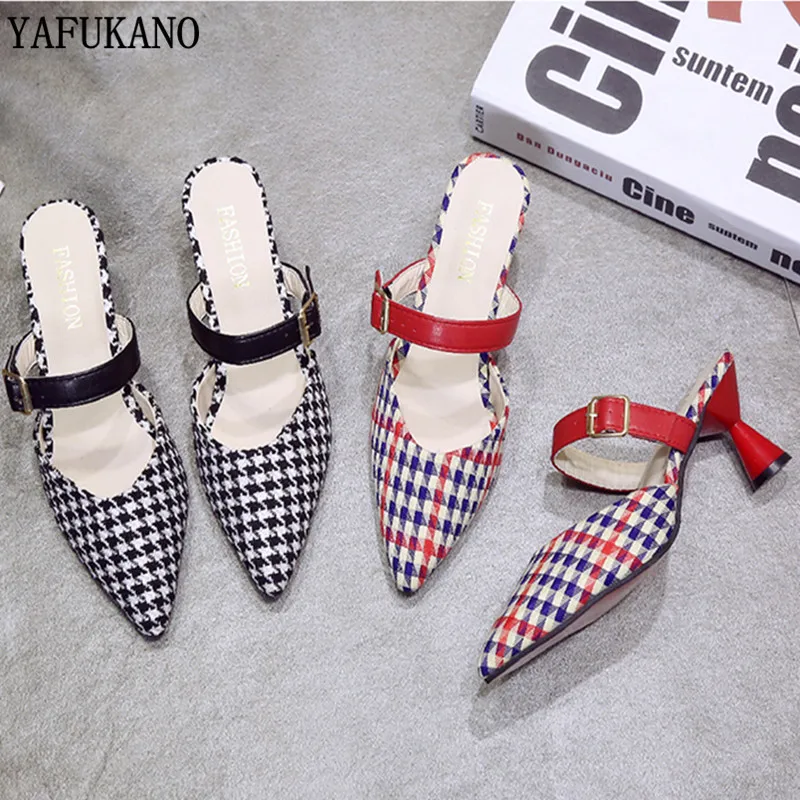 Women-s-Pointed-Toe-Slippers-Women-Summer-Bow-Plaid-Sandals-Fashion-Wild-7cm-High-Heel-Slippers