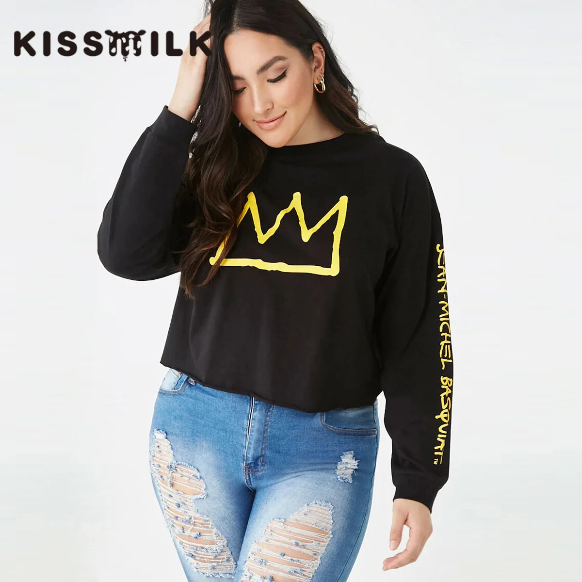 

[Kisilk] Simple Casual Large Size-Contrast Color Yellow Crown Printed Letter Long Sleeve Loose-Fit Pullover Hoody