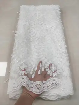 

Pure white african embroidery tulle lace fabric 2020 high quality french net lace with sequins for wedding 5yards
