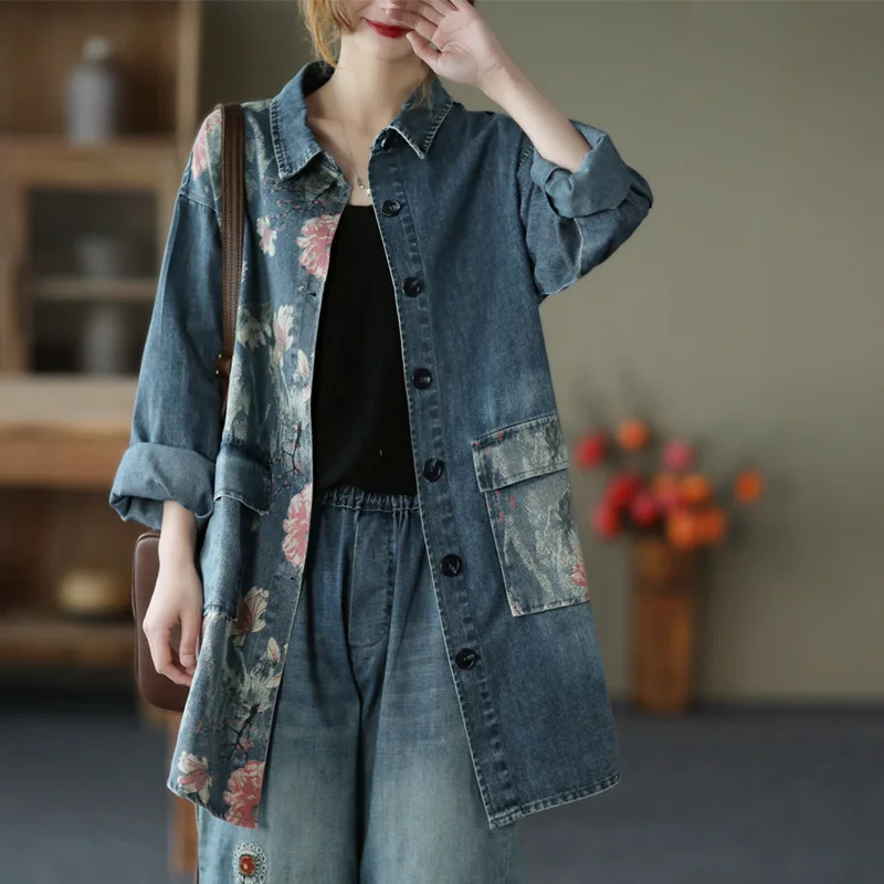 Flower Printed Denim Coat Women's Loose 