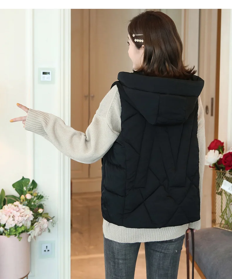 Lugentolo Women's Vest Vest Short Cotton Clothing Autumn and Winter Loose Solid Color Zipper Hooded Vest Cotton Clothing