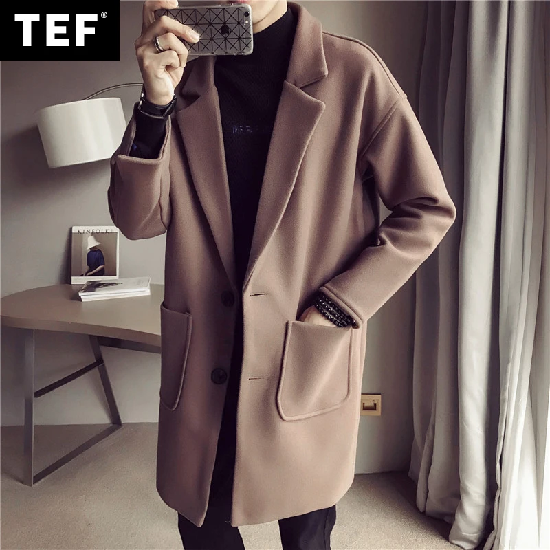Long Woolen Coat Men's Fashion Solid Color Casual Lapel Woolen Coat Men Streetwear British Style Woolen Jacket MensM-5XL Long Woolen Coat Men's Fashion Solid Color Casual Lapel Woolen Coat Men Streetwear British Style Woolen Jacket MensM-5XL