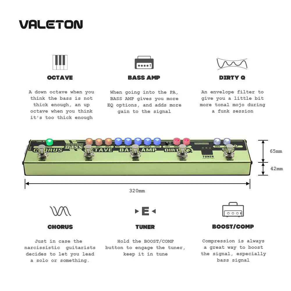 Valeton Dapper бас мульти эффекты полоски на педали 6 в 1 мульти эффект басовый тюнер, хор, октавер, грязный Q& Boost Comp, тюнер VES-2