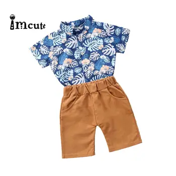 

Imcute 2020 2 Pieces Suit Set for Kids Boys Leaf Print Stand Collar Short Sleeve Shirt+Solid Color Pants Blue Green Purple