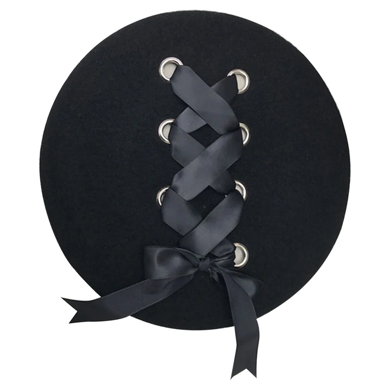 Sweet Cute Berets Women Winter Hats Soft Black Color Ribbon Woolen Classical Straps Cross Bow Bonnet Boina Mujer Feminina