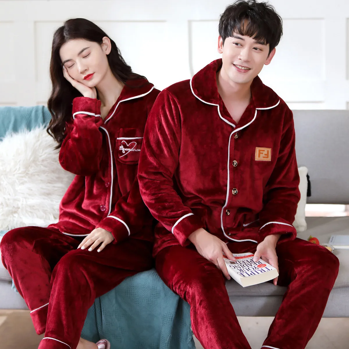 Autumn Winter Coral Velvet Couple Pajamas Set V-Neck Plus Size Home Service Suit Casual Women Flannel White Sleepwear Nightwear silk pajamas