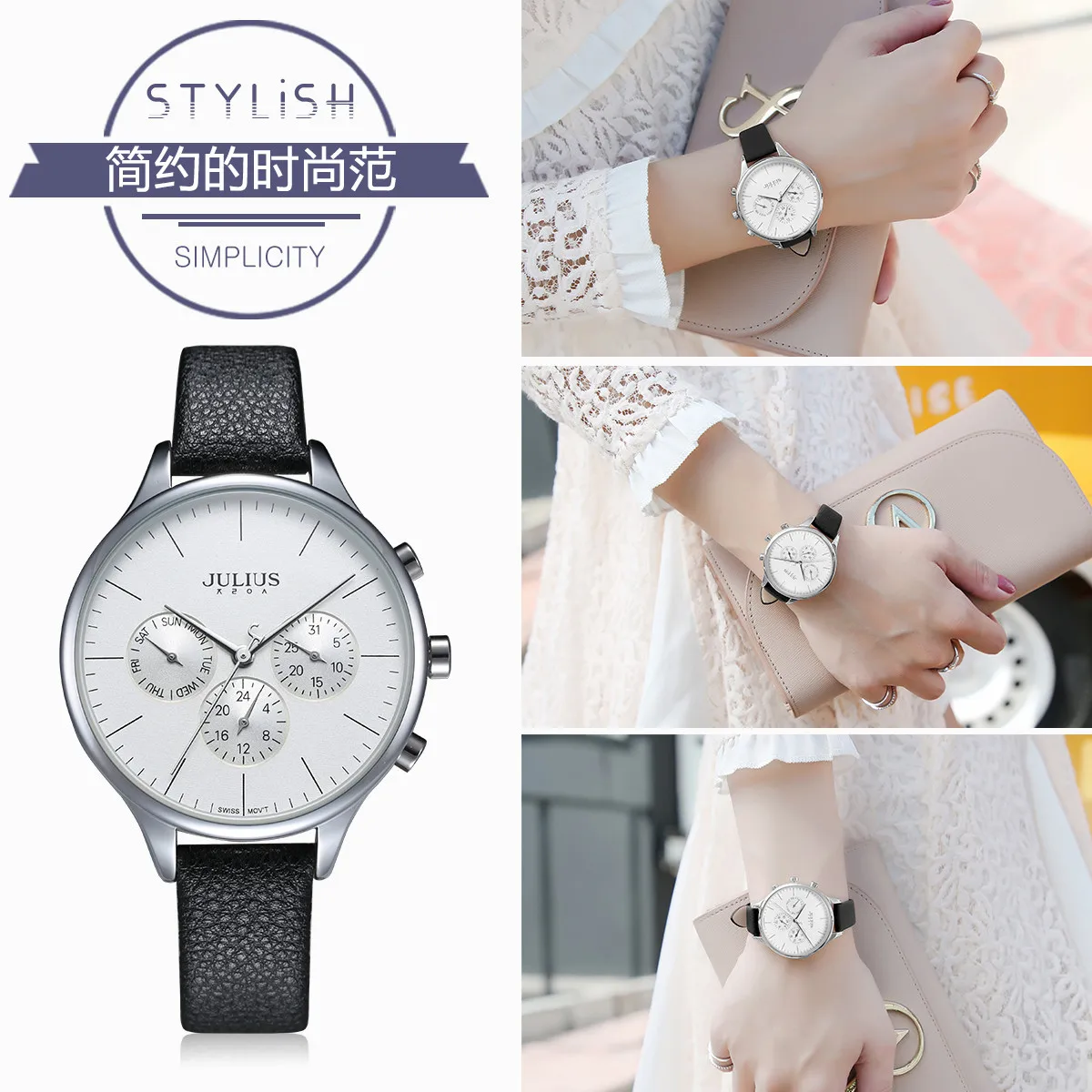 Real Multi-functions Thin Lady Women's Watch ISA Mov't Fine Fashion Hours Dress Sport Leather Girl Birthday Gift Julius Box