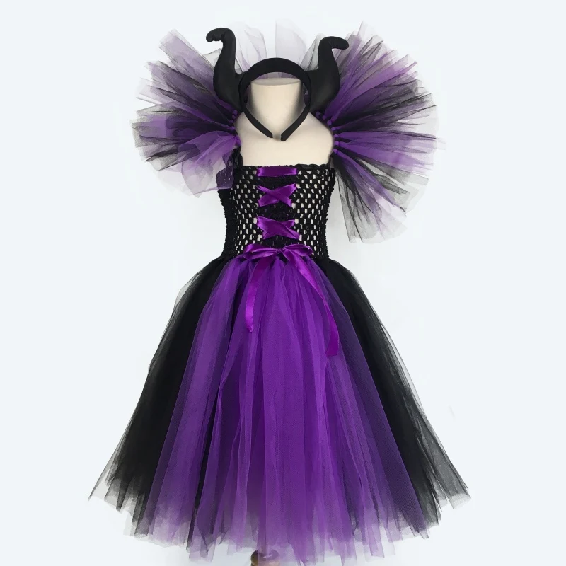 Платье-пачка для девочек «злой королевы», Maleficent, «ведьма» Детское платье «кроше» бальное платье с бантом для волос, Детский костюм на Хэллоуин, платья