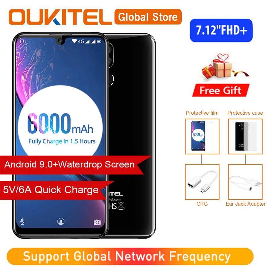 OUKITEL K9 водослива 7,1" FHD+ 1080*2244 16MP+ 2MP/8MP мобильный телефон 4GB 64GB Face ID смартфон 6000mAh 5 V/6A Быстрая зарядка OTG