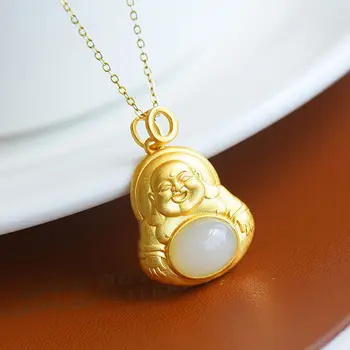 

Silver natural Hetian white jade Laughing Buddha Pendant Necklace with Chinese unique ancient gold craft women's brand jewelry