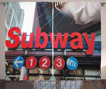 

NYC Subway Curtains Station Photograph with Signs and Buildings United States Transportation Theme Living Room Bedroom Window