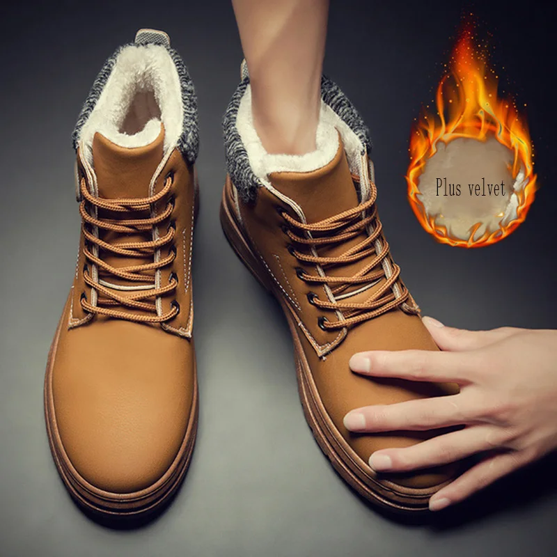 Winter Men's New Warm Snow Boots Men's Fashion Casual Plus Velvet Warm Shoes Men's Winter Boots Waterproof High-cut Cotton Boots - Цвет: Khaki