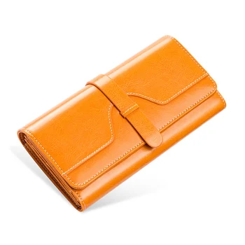 

Genuine Leather Women Wallet with Card Holder Womens Wallets Long Oil Wax Leather Female Purse Retro Wallet Yellow Big Capacity