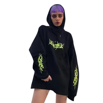 

Hoodie Women Winter Gothic Punk Fluorescen Print Loose Hoodies Long Sleeve Leisure Pullovers Sweatshirts Female Streetwear