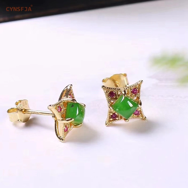 CYNSFJA New Real Certified Natural Hetian Jasper 925 Sterling Silver Handmade Amulets Green Jade Earrings high Quality Best Gift CYNSFJA New Real Certified Natural Hetian Jasper 925 Sterling Silver Handmade Amulets Green Jade Earrings high Quality Best Gift