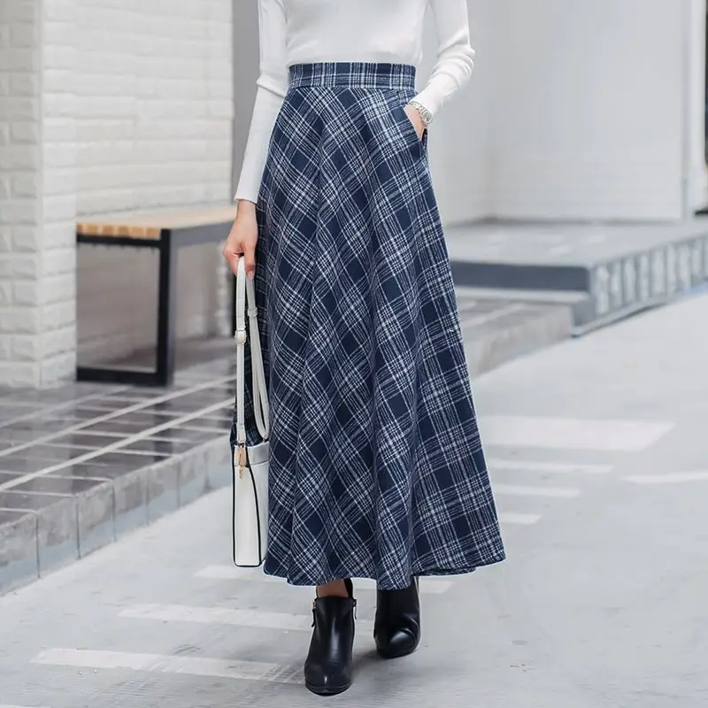 Японский стиль, винтажная клетчатая длинная юбка для женщин, уличная одежда на молнии, эластичная высокая талия, карман, шерстяные юбки, зима, SK242 - Цвет: blue