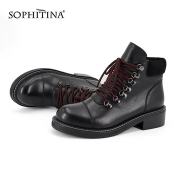 

SOPHITINA Fashion Solid Lace-up Boots High Quality Cow Leather Comfortable Square Heel Special Design Shoes Ankle Boots SC420