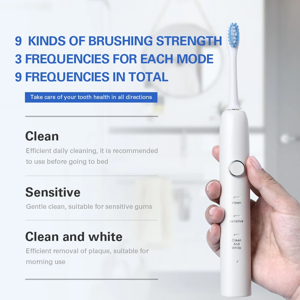 New 9 Functions Sonic Electric Toothbrush USB Inductive Charging with 3 Brush Heads+1 Face Clean Brush Adults Tooth Whitening New 9 Functions Sonic Electric Toothbrush USB Inductive Charging with 3 Brush Heads+1 Face Clean Brush Adults Tooth Whitening