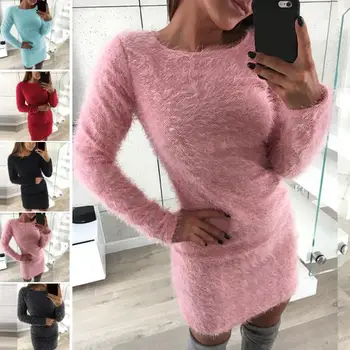 

Casual Women Autumn Winter Long Sleeve O Neck Sweater plush bag hip dress Plushy Bodycon Mini Dress Warm Outdoor Windproof