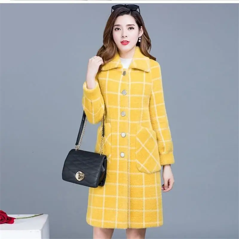 Осень Зима Женское Норковое клетчатое шерстяное пальто с отложным воротником женское повседневное однобортное длинное пальто кардиган шерстяное пальто K191 - Цвет: YEAH ll