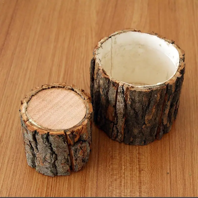 

Vintage Round Table Decoration Plant Pot Style Wooden Desktop Flowerpots Fake Tree Bark Succulent Plants Container