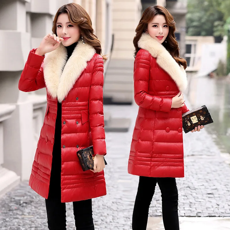 

PU Leather Cotton-padded Clothes Women's Mid-length 2019 Winter Korean-style Slim Fit Thick down Cotton fu da Fur Collar Cotton-