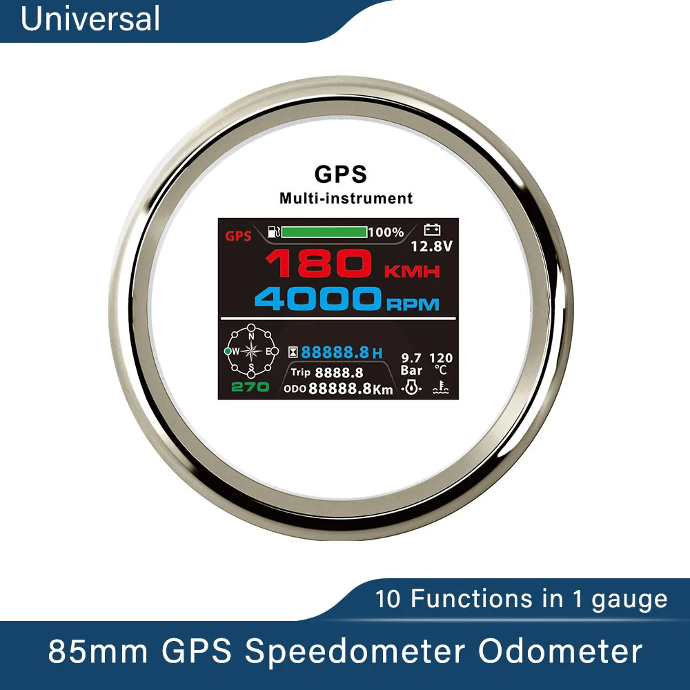 

85mm Digital GPS Speedometer 0-999km/h MPH Knots Odometer Trip Tachometer with Fuel Voltmeter Water Temp Oil Pressure Compass