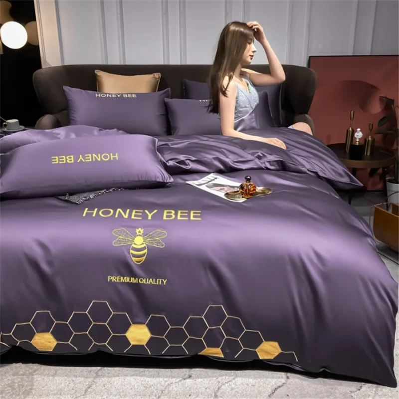 

100% Cotton Luxury Bedding Set Bee Embroidery Solid Color Purple Comforter Covers 3/4 Piece Set Soft Highend Bedclothes