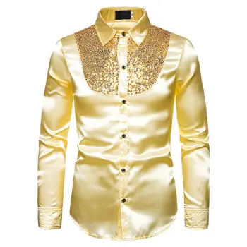 

Men Satin Shiny Silk Wedding Dress Shirt Long Sleeve Sequin Fitness Slim Male Shirts Blouse Top Ruffle Men Wedding Shirt