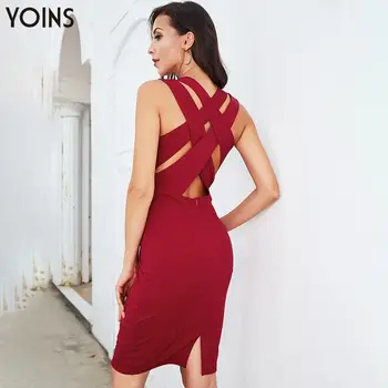 

YOINS Elegant Backless V-neck Criss-crossed Back Sleeveless Bodycon Dress 2020 Sexy Women Party Dresses Midi Summer Vestidos