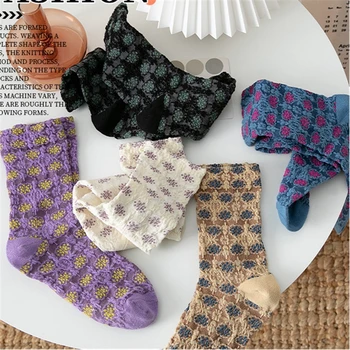 

Fashion Cotton Japanese sweet socks women's pleated small flower pattern retro Solid color matching pile socks