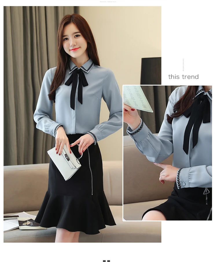 Корейская модная одежда, офисные женские топы, шифоновая блузка с длинным рукавом, тонкая Осенняя блузка с бантом, blusas mujer de moda 5831 50