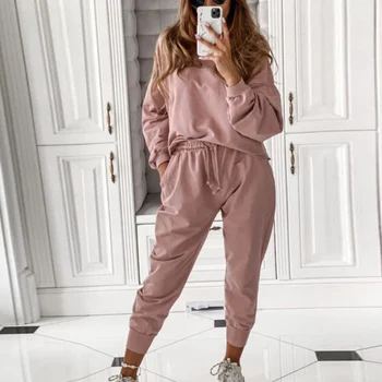 

Women's Two Pices Set Sweatshirt Drawstring Sports Pants Solid Female Suits Loose TrackSuits Autumn Casual Ladies Jogging Suits