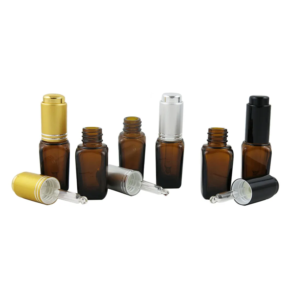 

10pcs/lot 10ml Squre Amber Glass Essential Oil Bottle With Aluminum Dropper 1/3oz Press Pump Pipette Dropper Bottle
