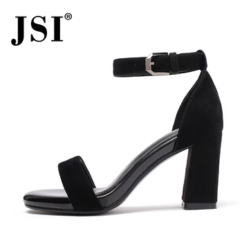 

JSI Brand sandals woman round toe kid suede upper genuine leather insole shoes woman ankle strap high square heel sandals JO526