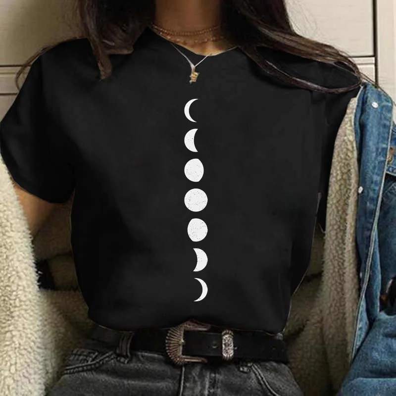 Maycaur New Funny Moon Print T Shirt Women White and Black Shirts Fashion Round Neck Short Sleeve T-Shirt Summer Tees Casual Top