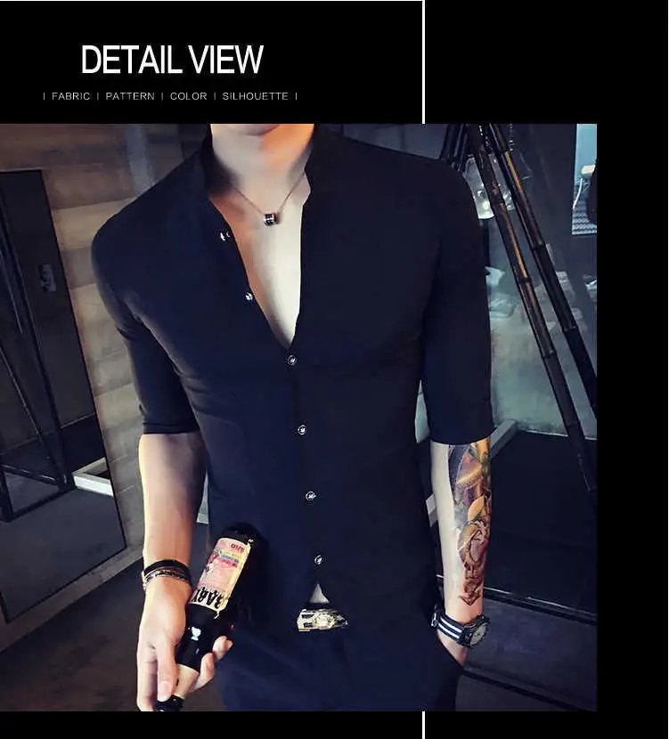 Camisa de estilo chino de cuello alto para hombres ropa de Corea de ajuste delgado para hombres de media manga