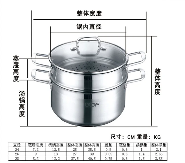 Lxbf/lxbf 28 Cm Food Grade 304 Stainless Steel Double Layer Steamer Stainless Steel Soup Pot Glass Cover