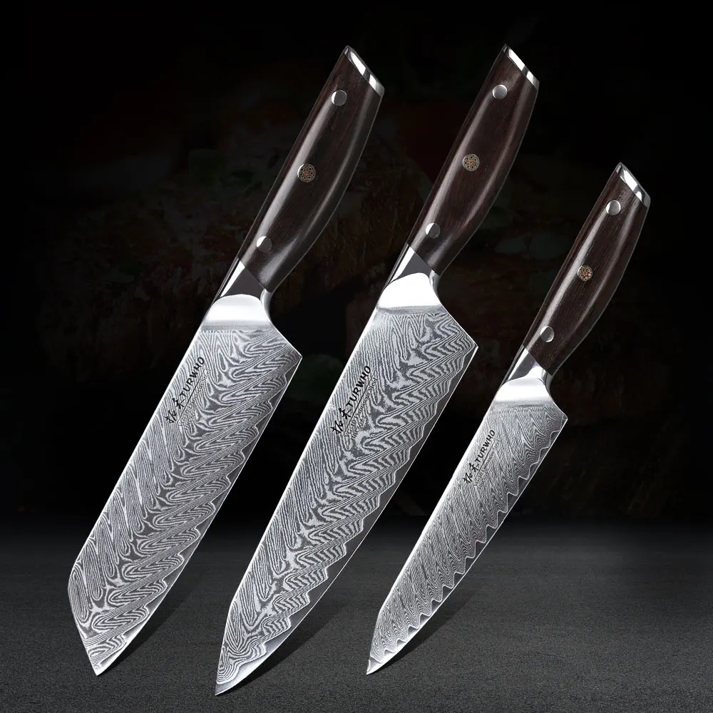 TURWHO 3 шт. набор кухонных ножей профессиональный шеф-повара Santoku универсальный нож японский дамасский стальной нож с красной ручкой сандалового дерева кухонный инструмент - Цвет: Li-3pcs-1