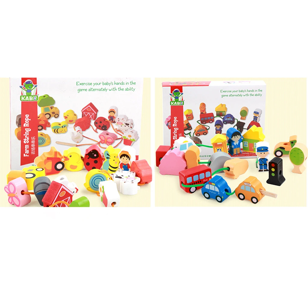 2x Wooden Cartoon Threading Beads Lacing Game Kids Baby Educational Toy Set - Farm and City