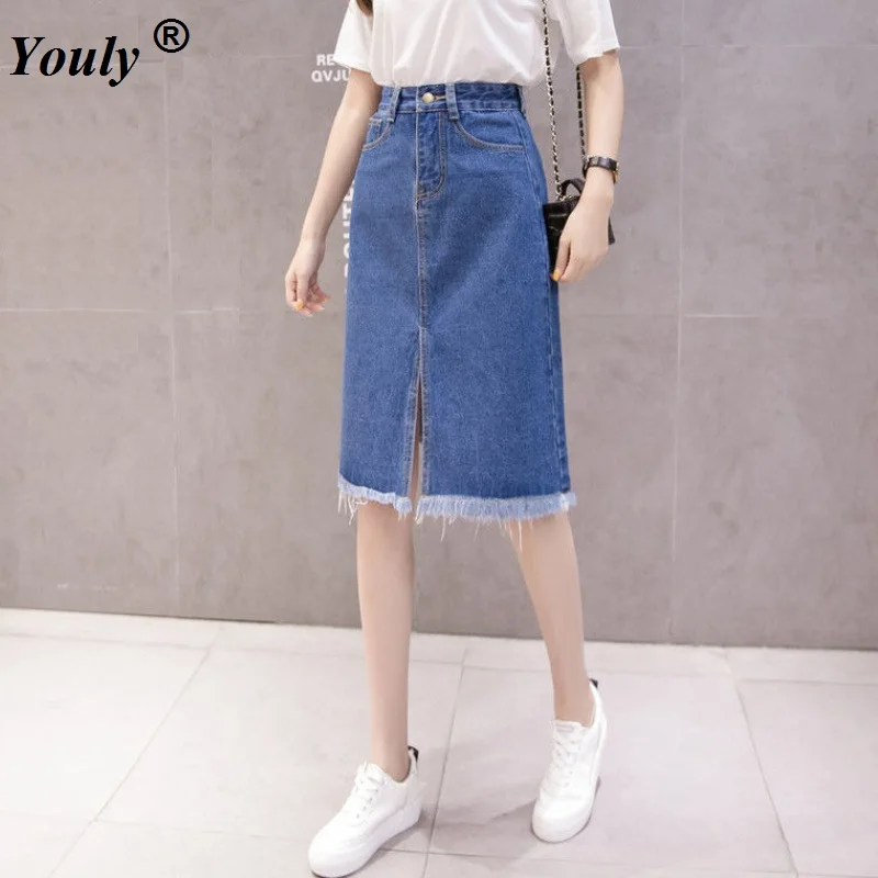 Split Tassel Denim Skirts Women Summer 2021 Casual Slim High Street Basics Simple Midi Jeans Skirt Femme Sexy Pencil Midi Skirt 2021 new y2k printed heart shaped jeans mommy 2xl retro street women women s blue high stretch sexy skinny pencil jeans