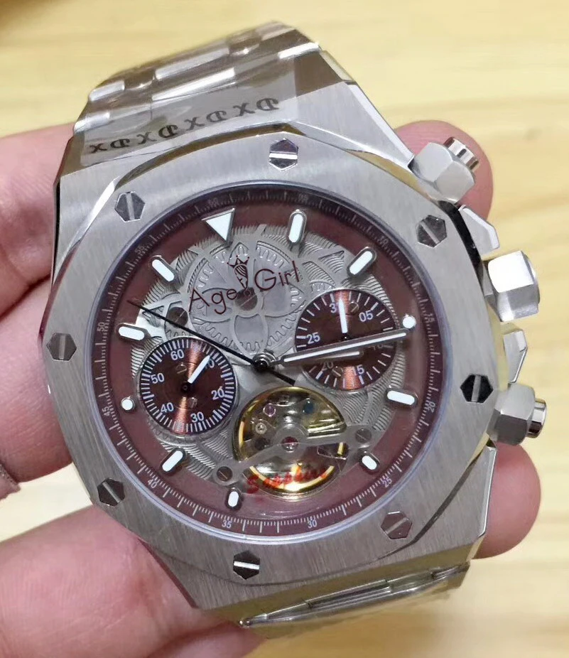Роскошные брендовые новые Автоматические Мужские механические часы Tourbillion сапфир прозрачный стеклянный Скелет Черный Синий Серебряный ограниченная AAA - Цвет: Silver Coffee