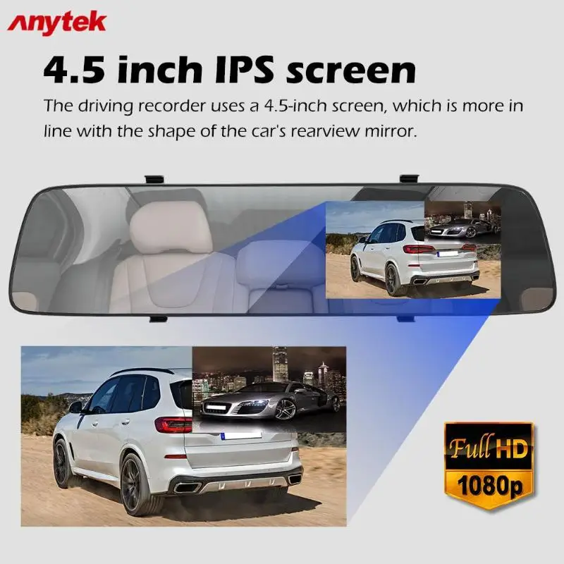Anytek A5+ Автомобильное зеркало заднего вида DVR Dashcam 4," Full HD 1080P видеорегистратор с двумя объективами 120 широкоугольная камера ночного видения